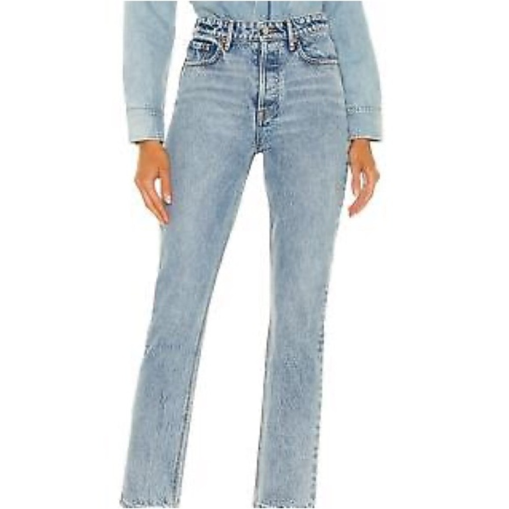 GRLFRND The Karolina High Rise Straight Crop Raw Hem Light Blue Denim Jeans‎  27